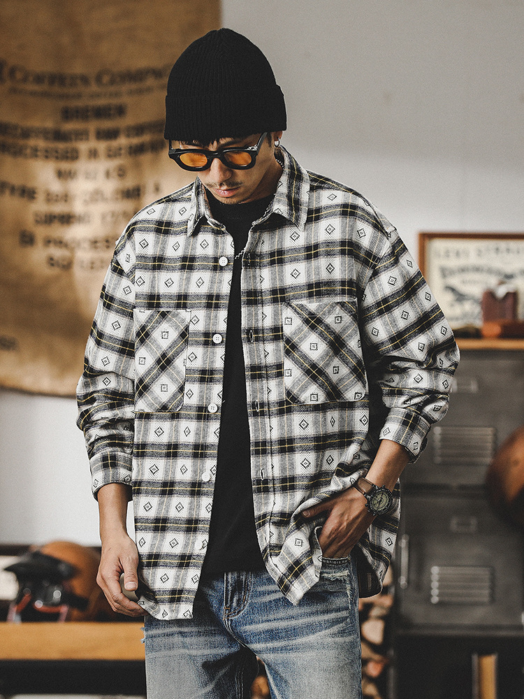 杰雷諾美式復古格子襯衫男長袖2024新款色織提花磨毛襯衣男士上衣