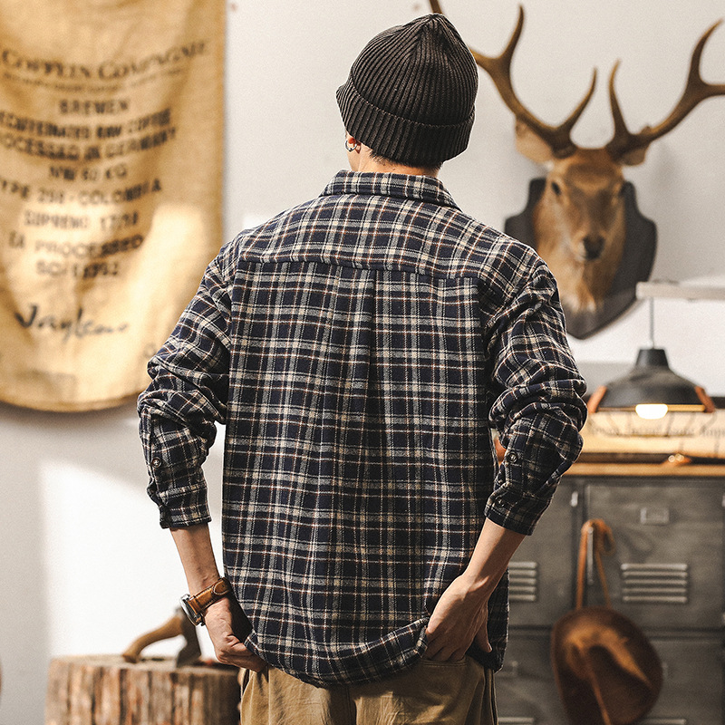 美式復古425g重磅磨毛色織格子襯衫男秋冬款潮牌寬鬆休閒襯衣男款