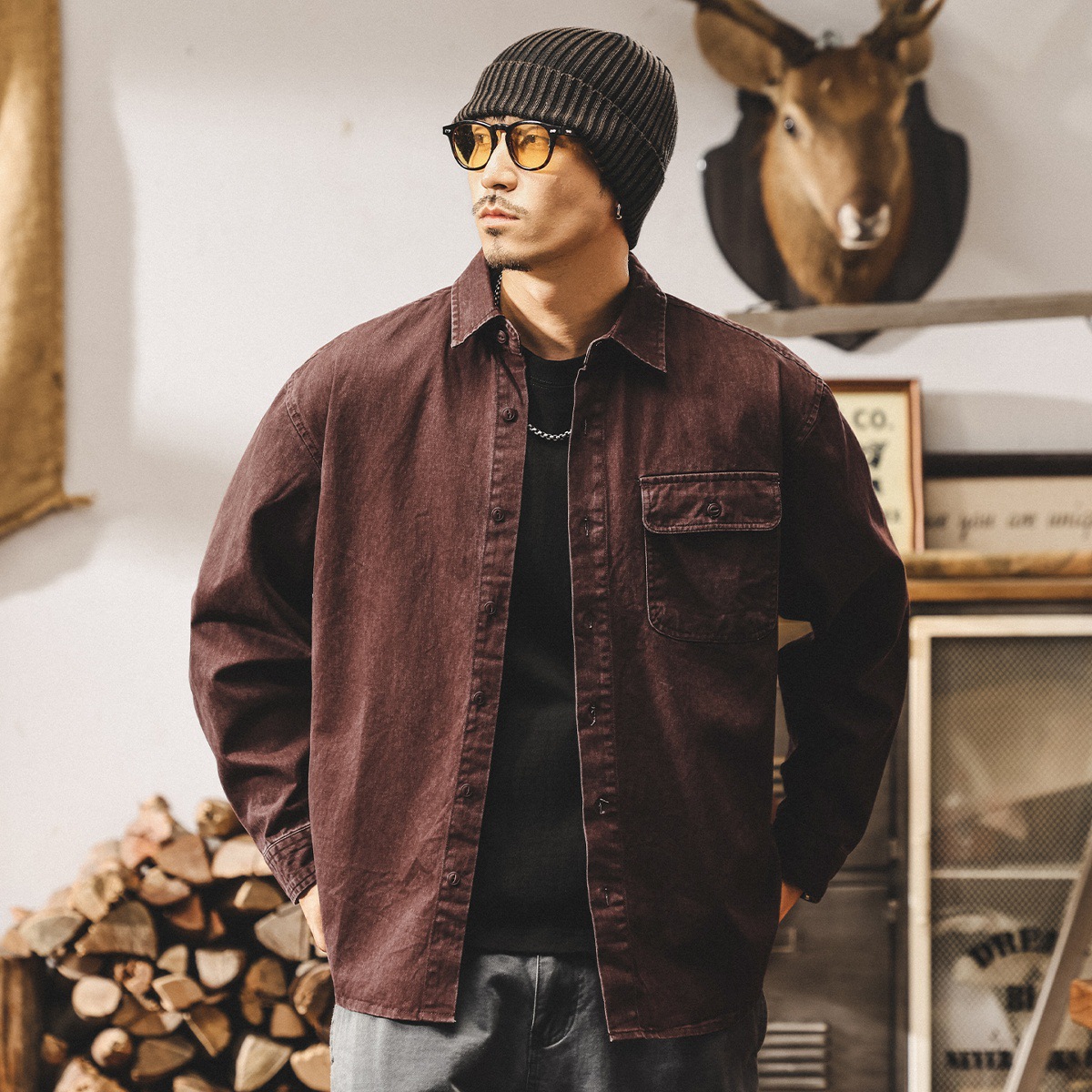 美式復古酵素水洗牛仔外套男春秋2025新款工裝襯衫男長袖寬鬆襯衣