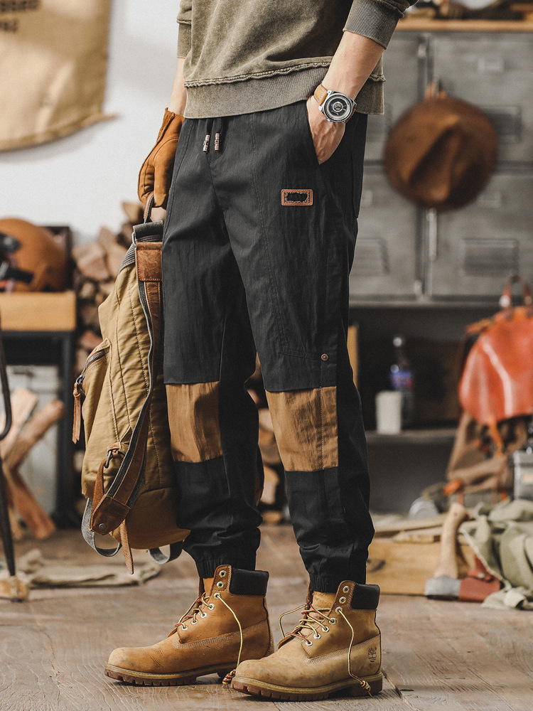 高級感工裝褲子男春季寬鬆直筒男士休閒褲設計感拼色束腳哈倫褲男