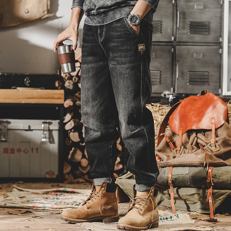 美式重磅賽洛紡8支彈力黑色牛仔褲男秋季2024年新款寬鬆休閒褲男