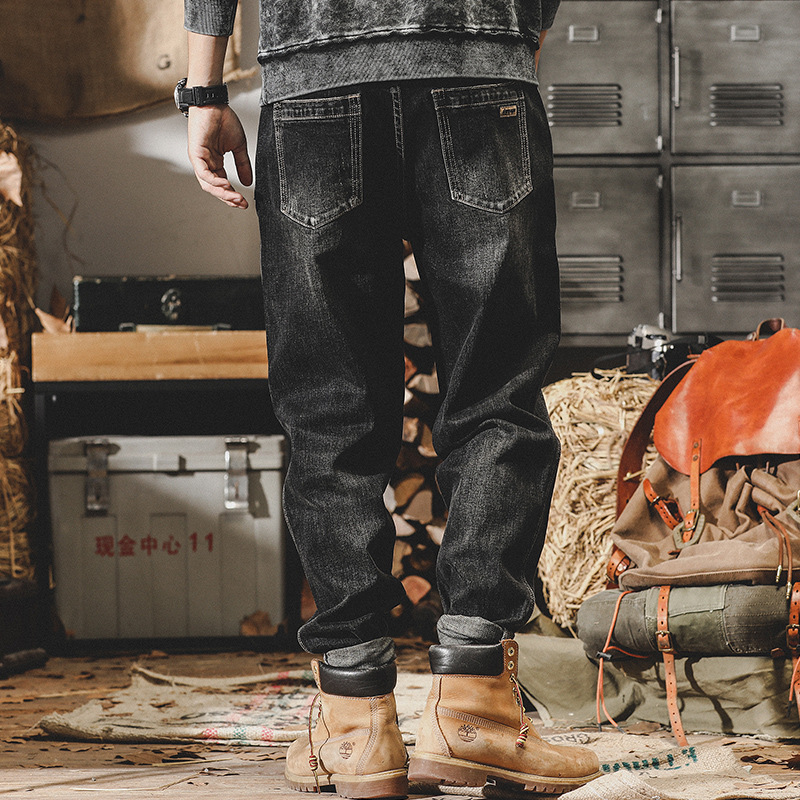 美式重磅賽洛紡8支彈力黑色牛仔褲男秋季2024年新款寬鬆休閒褲男