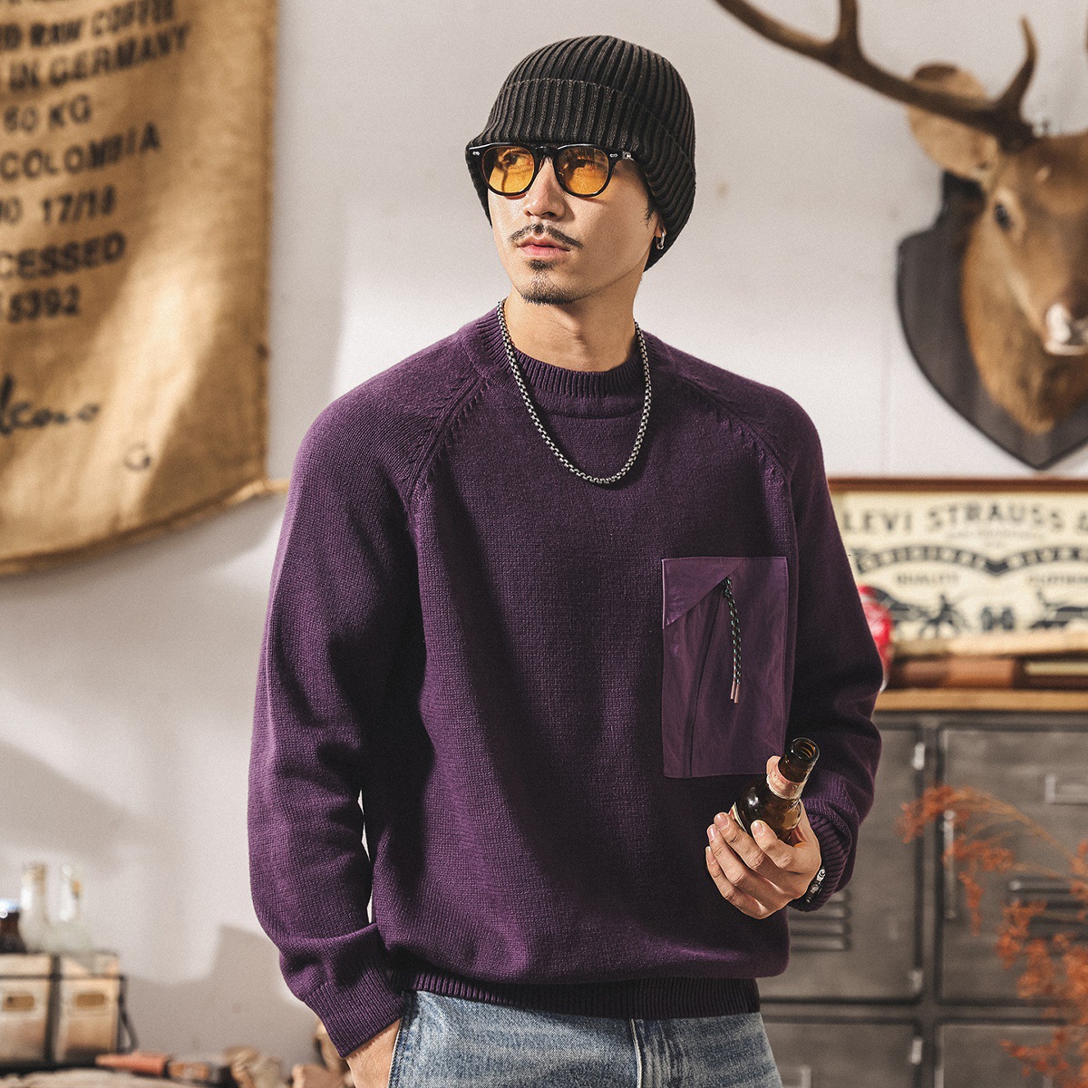 美式復古圓領毛衣男2025新款冬季保暖毛線衣男士針織衫休閒上衣男