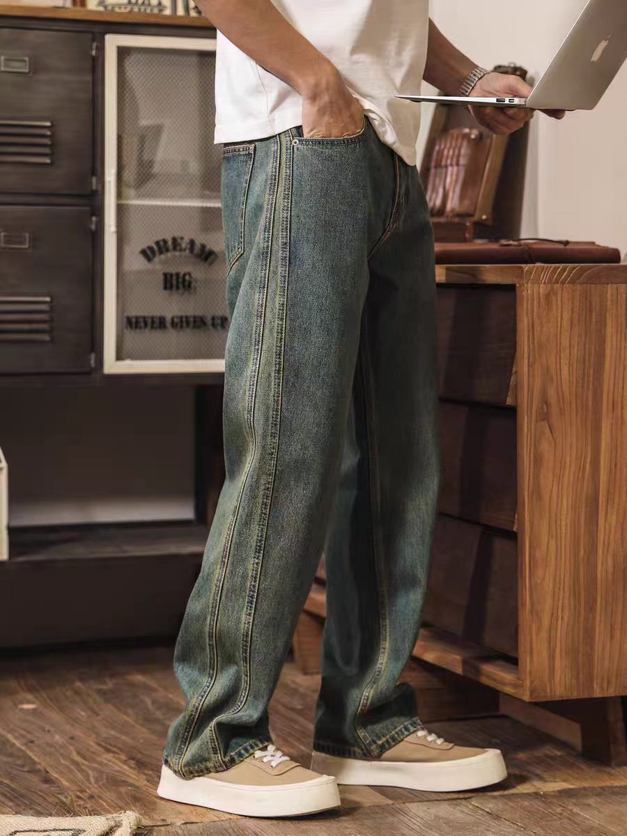 美式復古水洗做舊牛仔褲男直筒潮牌2026新款春季水洗寬鬆休閒褲男