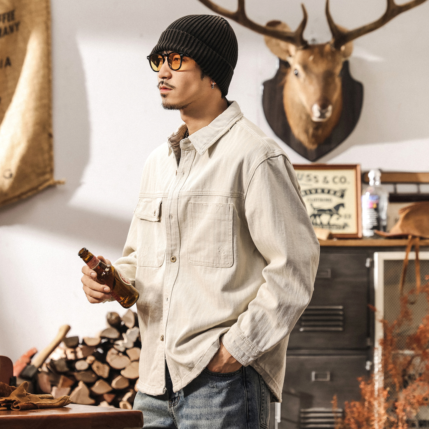 美式復古人字紋牛仔襯衫男秋季新款阿美咔嘰破壞風工裝外套男上衣