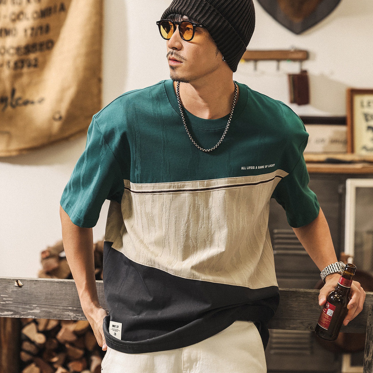 美式復古拼接提花T恤男夏季新款潮流男裝短袖寬鬆休閒上衣男T潮流