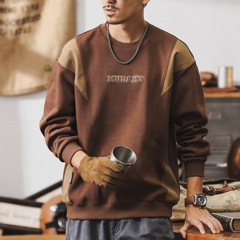 傑雷諾美式複古重磅衛衣男潮牌拼接撞色秋季衣服寬松男士休閑上衣