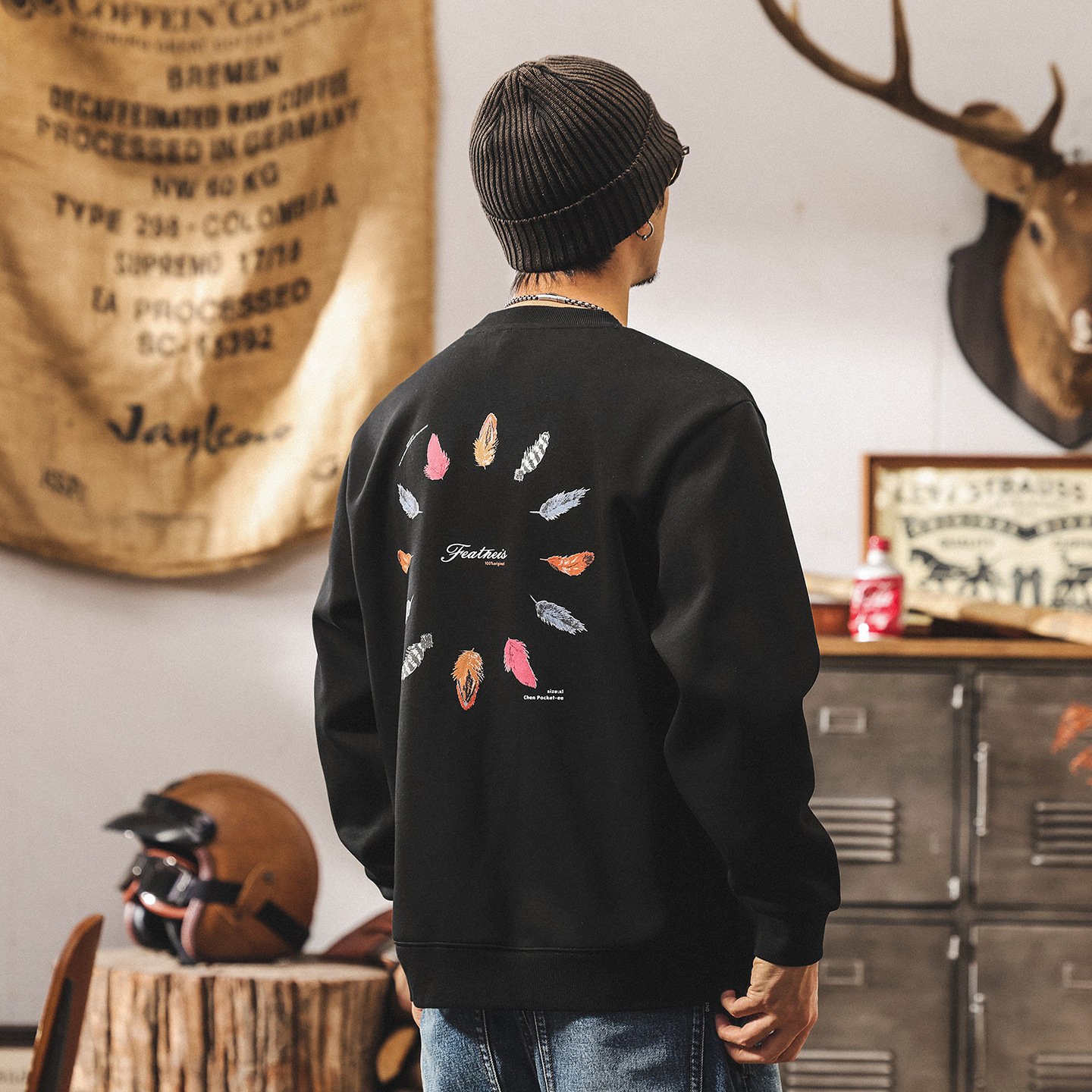 美式復古360g重磅衛衣男春秋新款潮流印花寬鬆圓領套頭長袖上衣男