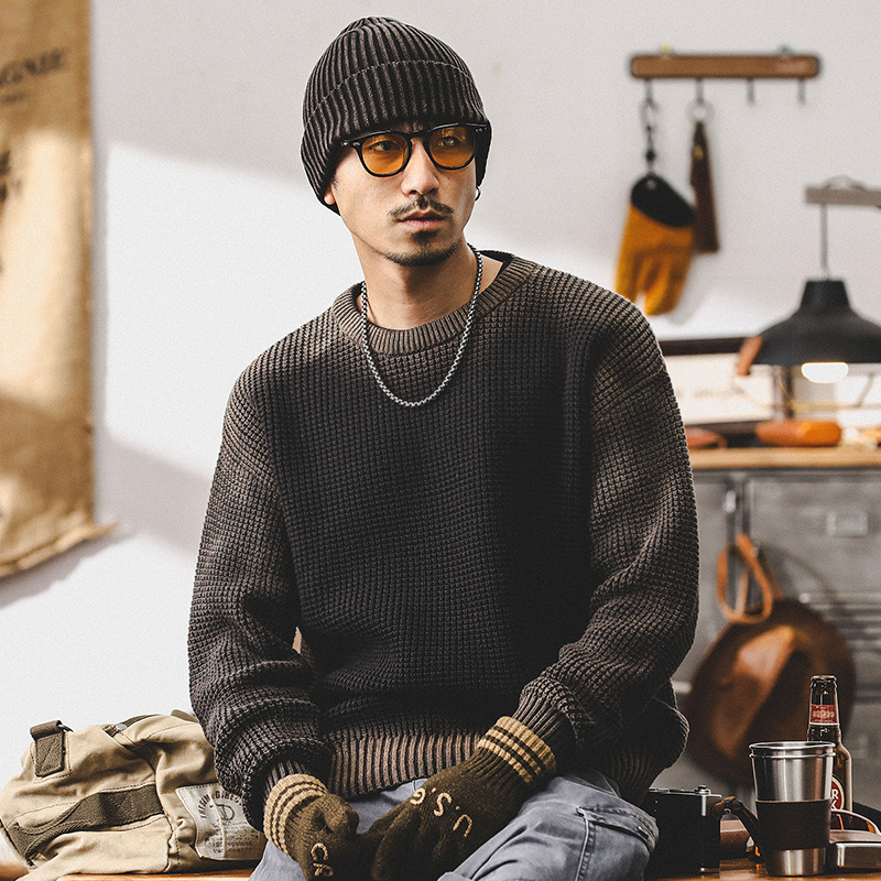 美式重磅毛衣男冬季加厚慵懶風復古噴染水洗秋冬款男士針織衫外套
