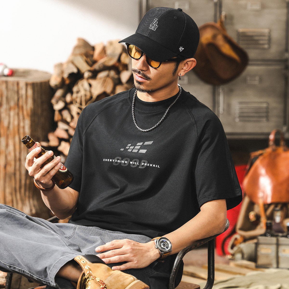 薄款網眼運動涼感T恤男夏季黑色短袖2025新款立體感印花寬鬆上衣