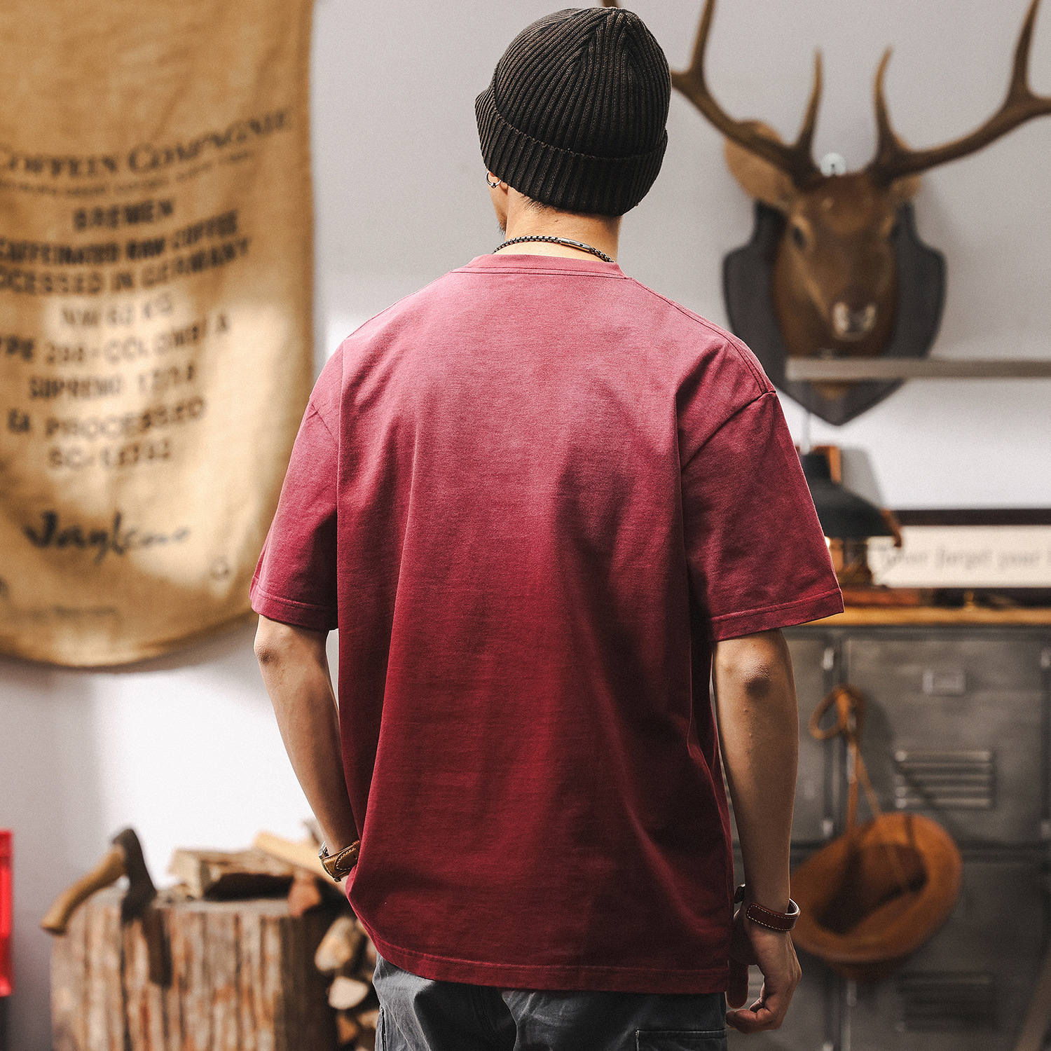 阿蘇特洗褪重磅T恤男夏季短袖潮流漸變水洗安可拉紅男士上衣