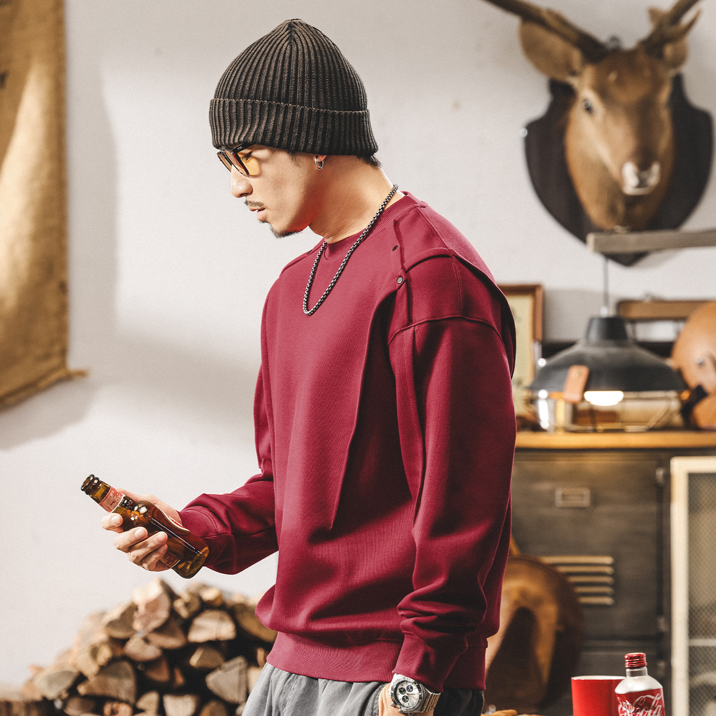 美式復古拼接結構360g重磅衛衣男春秋新款廓形寬鬆休閒長袖上衣男