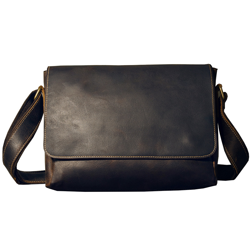 手工牛皮男包斜挎單肩包簡約真皮時尚潮流個性男包橫款翻蓋郵差包