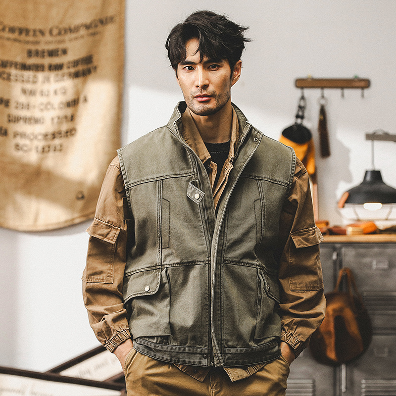 美式重磅複古工裝馬甲男立領外套秋季戶外戰術做舊坎肩攝影夾克男