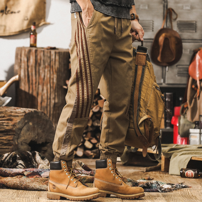 美式復古條紋拼接工裝褲子男秋季潮牌寬鬆卡其色束腳男士休閒長褲