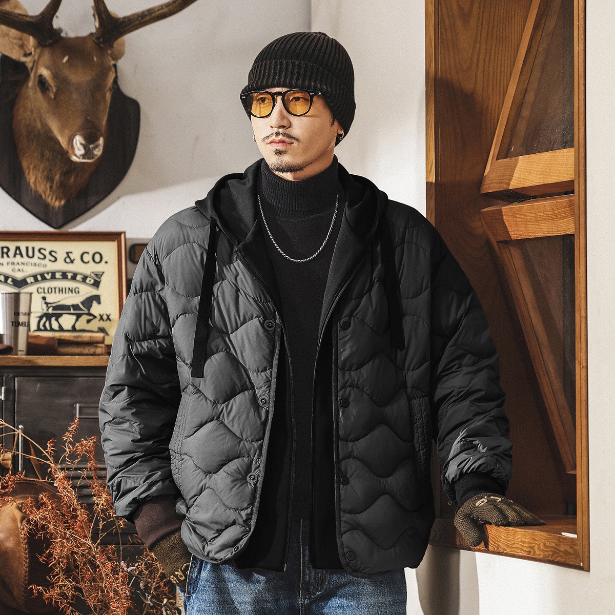 美式復古90鴨絨可拆卸假兩件輕薄羽絨服男冬季潮牌保暖連帽外套男