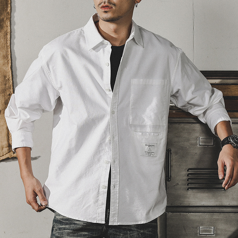 杰雷諾美式工裝簡約白色襯衫男長袖日系寬鬆潮牌襯衣外套男春秋款