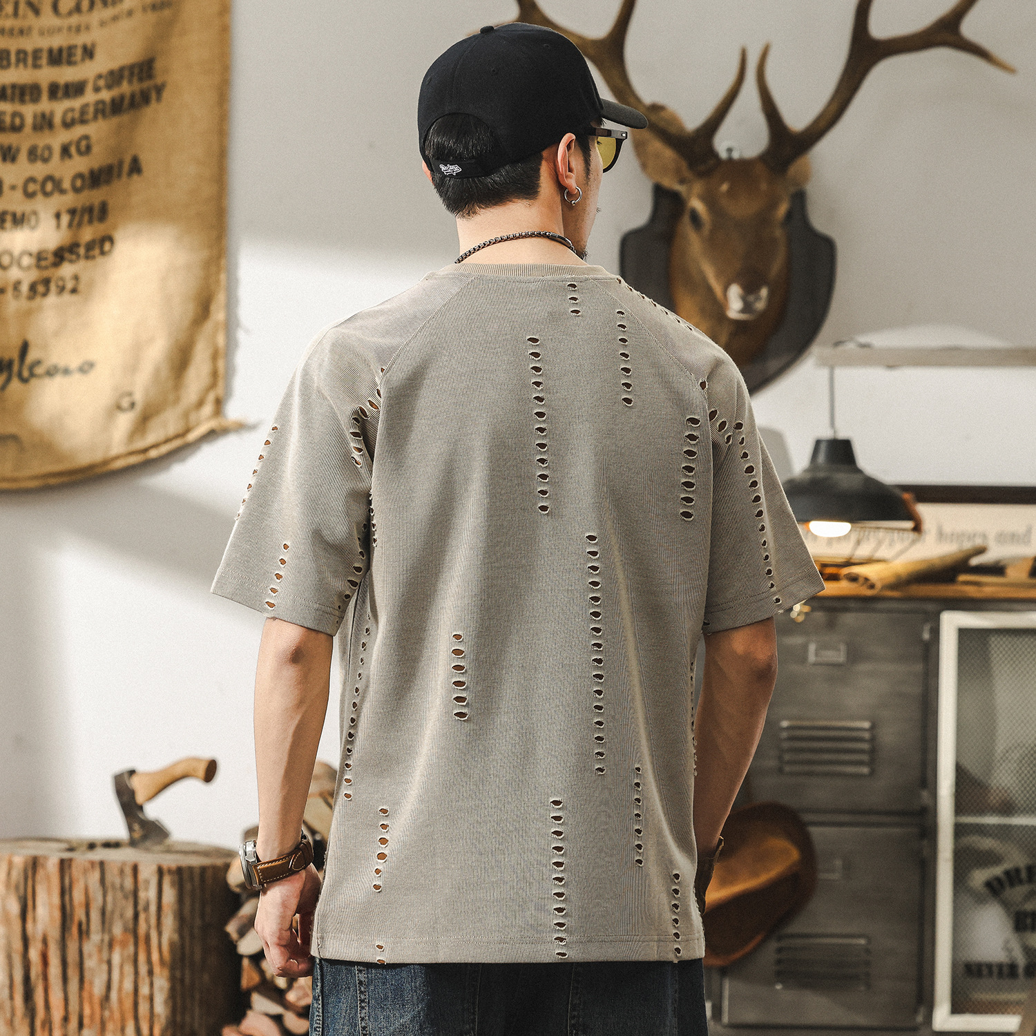 美式復古夏季潮牌破洞設計感短袖男款2025新款寬鬆大碼半袖T恤男