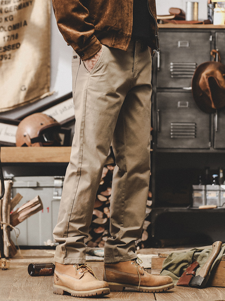 美式復古卡其色褲子男秋季潮牌直筒褲2024新款簡約百搭休閒長褲男