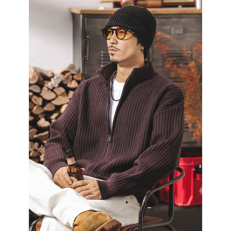 美式重磅復古紫色半高領開衫毛衣男秋冬潮牌寬鬆針織衫外套男春秋
