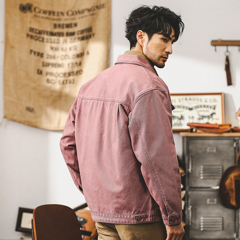 美式複古酒紅色重磅牛仔外套男春秋款潮流阿蘇特工裝秋季休閑夾克