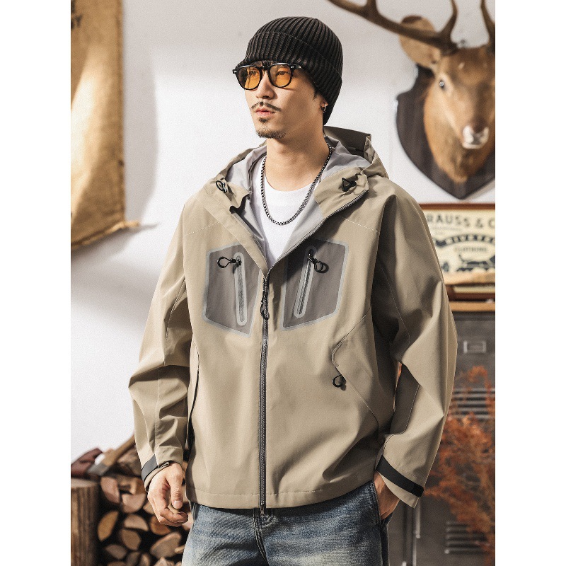 美式復古山系戶外壓膠防水衝鋒衣外套男春秋新款徒步登山工裝夾克