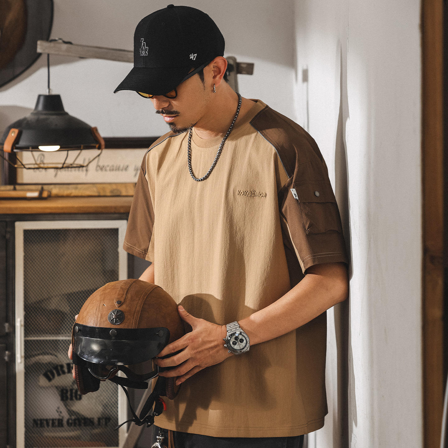 美式復古潮流男士夏季短袖t恤2025新款拼接撞色體恤寬鬆休閒上衣