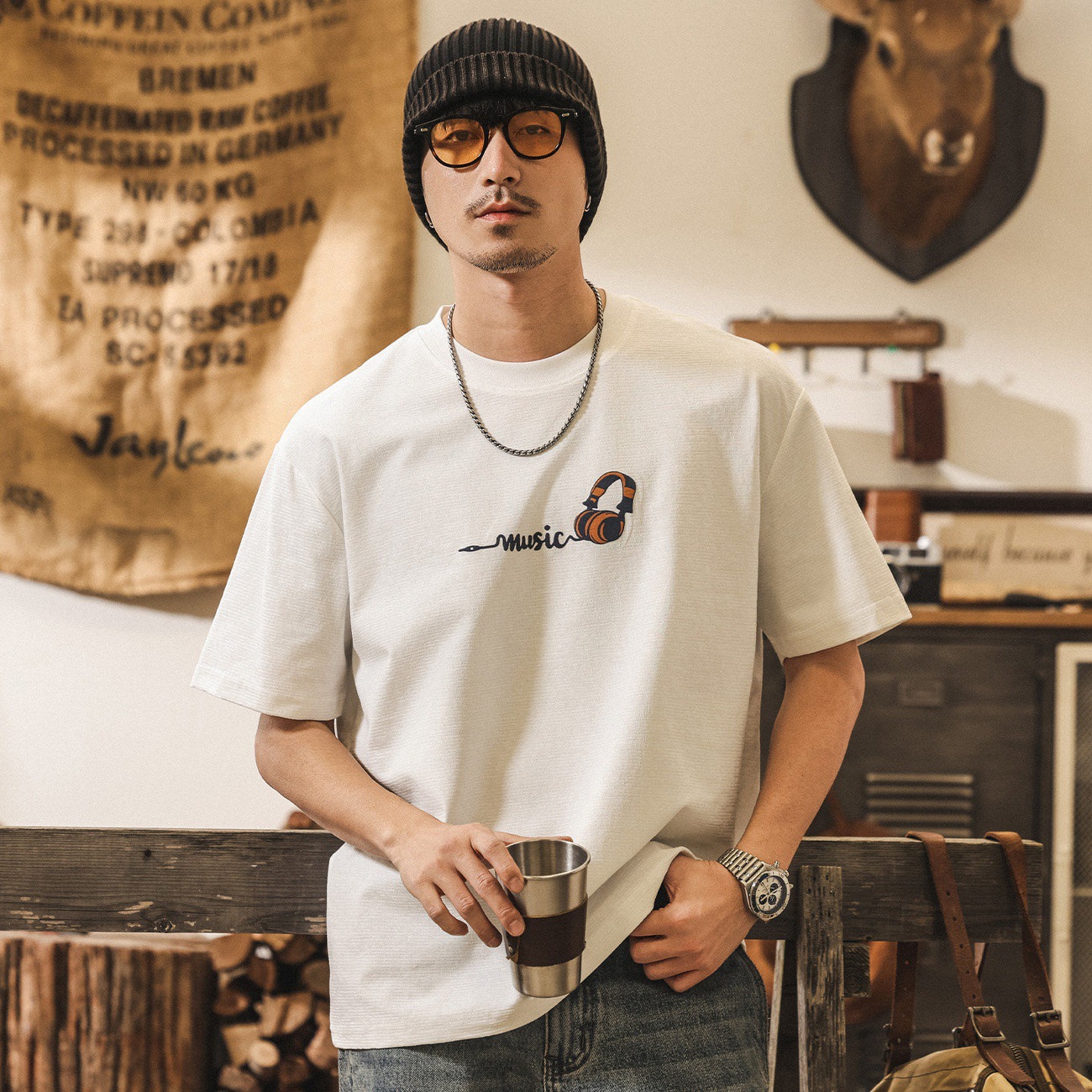 美式復古趣味刺繡T恤短袖男款夏季2026新款潮流寬鬆半袖休閒上衣