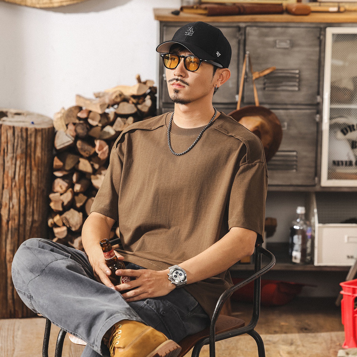 美式復古夏季涼感T恤男短袖重磅痞帥設計感拼接潮流寬鬆上衣