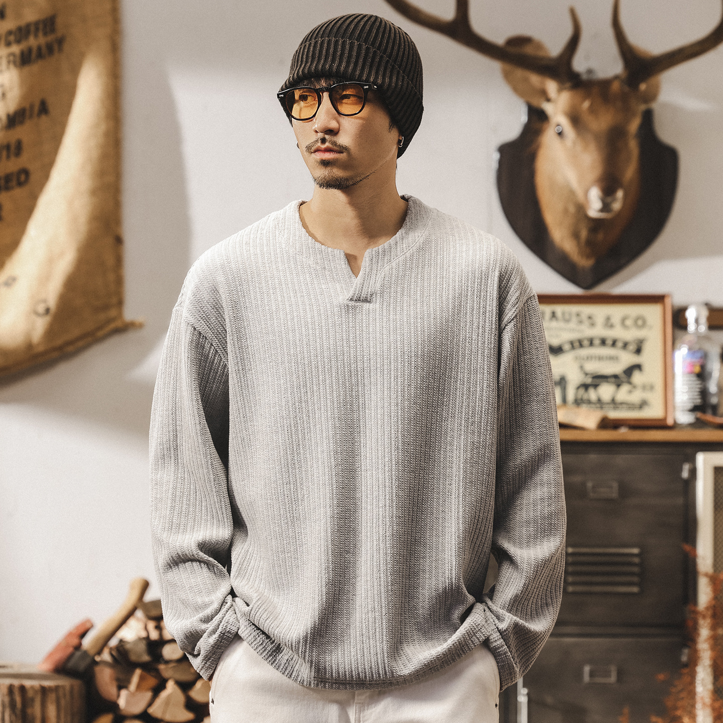 美式復古330g重磅t恤男長袖秋季新款高級感提花針織衛衣男士上衣