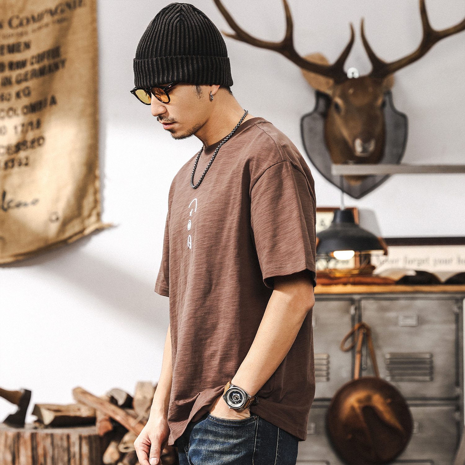 美式復古重磅竹節棉短袖T恤男夏季2025新款潮牌簡約刺繡休閒上衣T