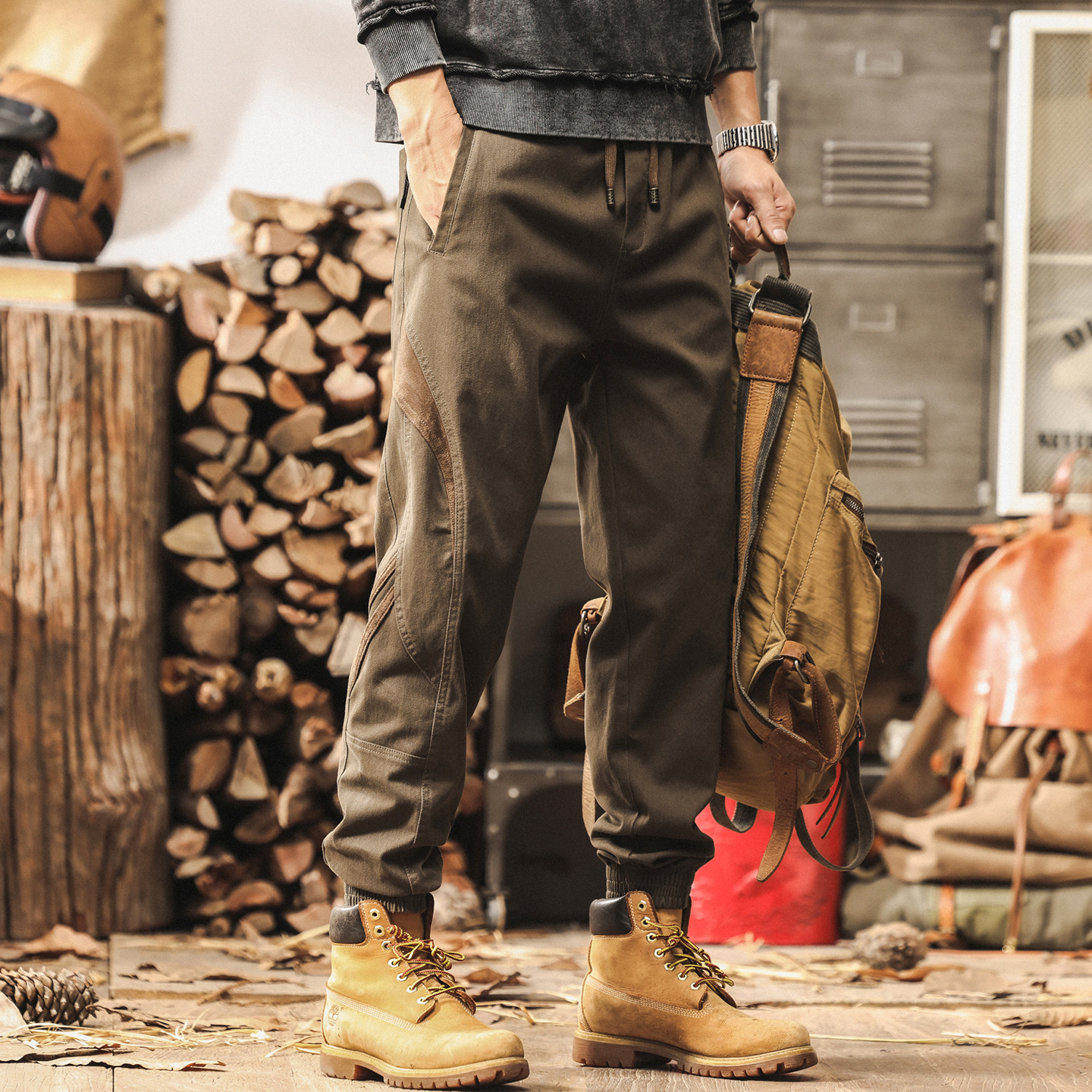 美式重磅復古工裝褲子男春秋2025新款拼接潮牌休閒褲男寬鬆束腳褲