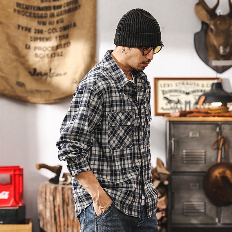 美式復古棉麻格紋長袖襯衫男春季2025新款潮牌日系寬鬆休閒襯衣男