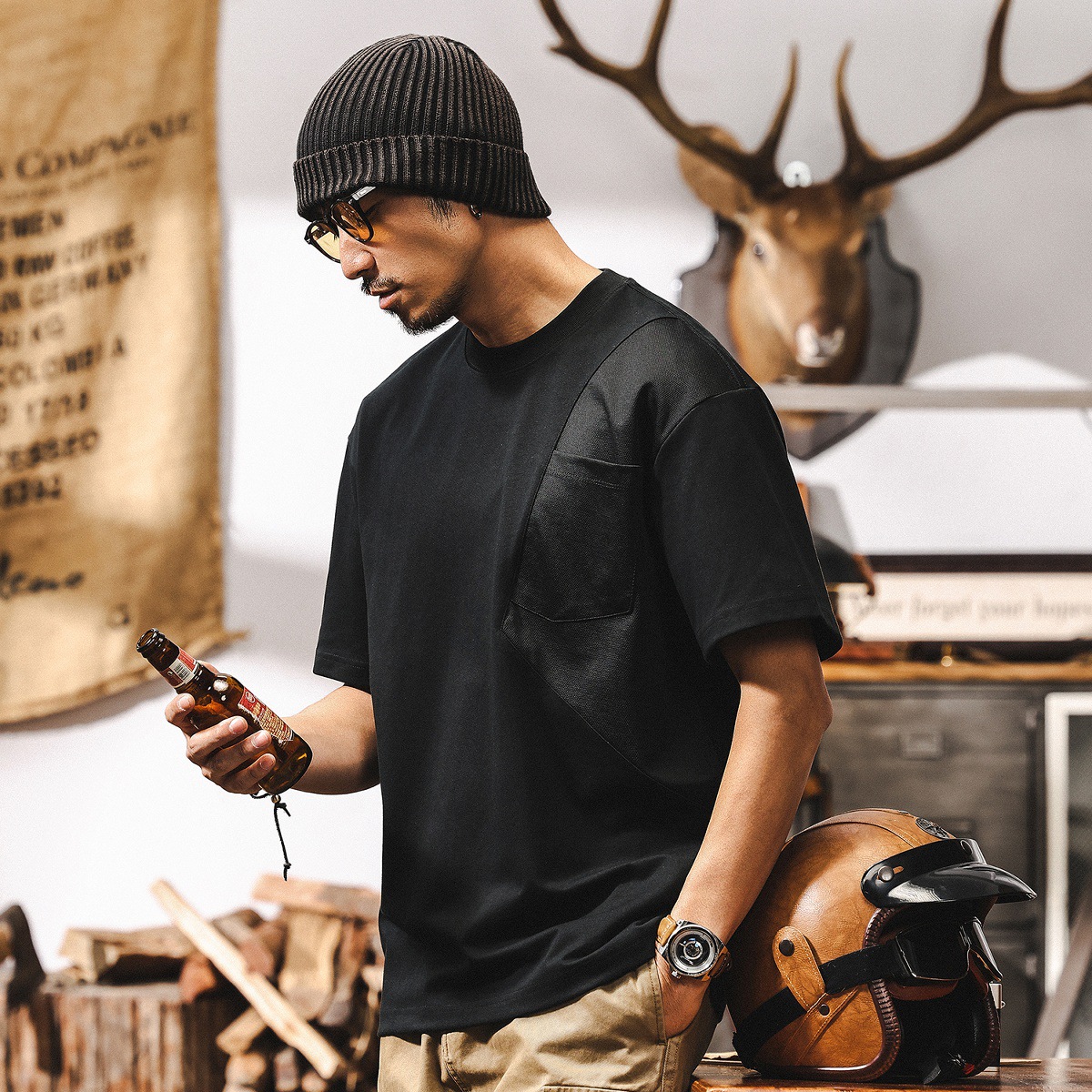 【7A抗菌除蟎】夏季涼感T恤男短袖寬鬆美式潮牌拼接設計男士上衣