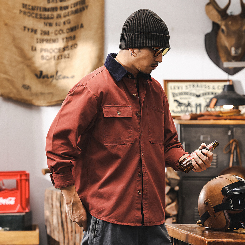 16支磨毛工裝襯衫男春季2025新款美式復古戶外阿美咔嘰襯衣男
