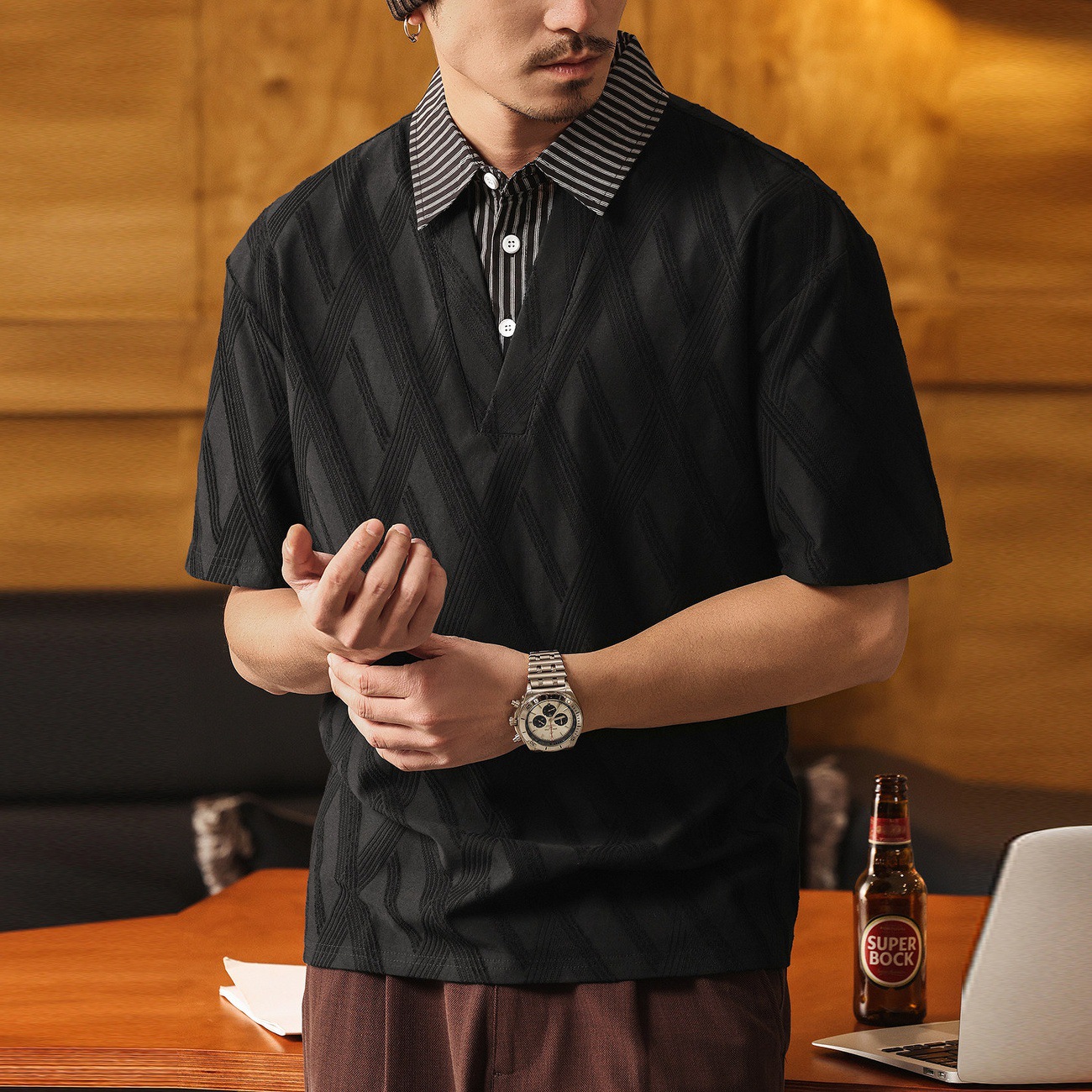 美式復古襯衫領假兩件短袖POLO衫男夏季潮流輕奢提花寬鬆男士T恤