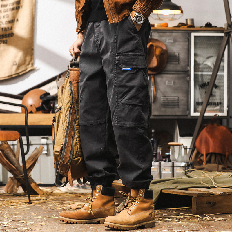 美式復古重磅工裝褲子男秋季戶外機能多口袋傘兵褲寬鬆休閒束腳褲