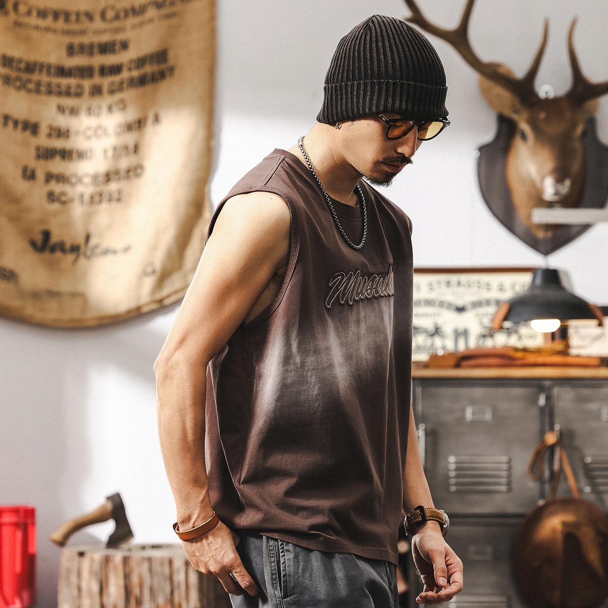 美式復古寬鬆運動健身背心男士夏季2025新款潮流漸變水洗無袖T恤