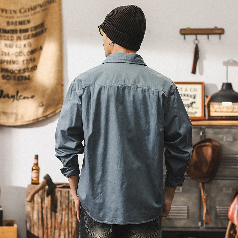 美式復古32支高密工裝襯衫男長袖秋季寬鬆潮牌藍色襯衣男春秋