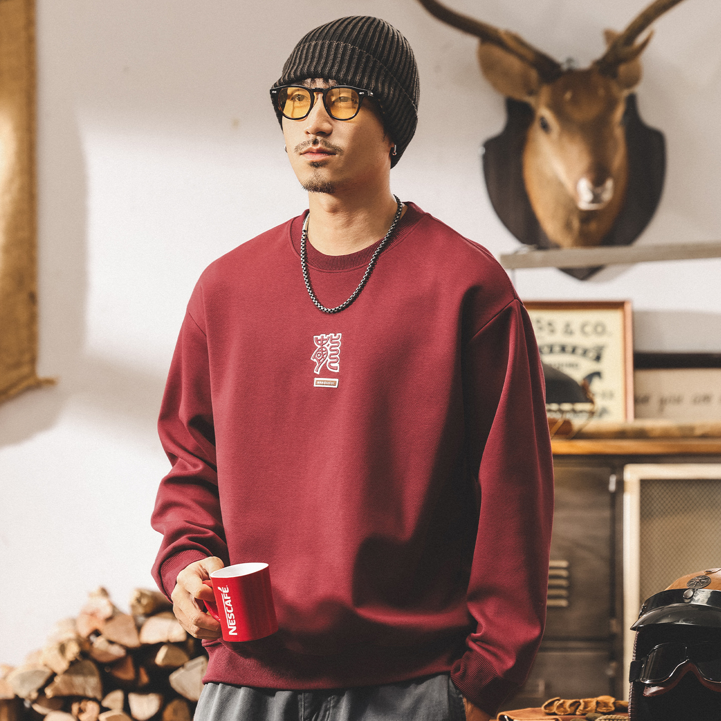 美式復古320g重磅衛衣男春秋新款2025潮牌寬鬆休閒長袖紅色上衣男