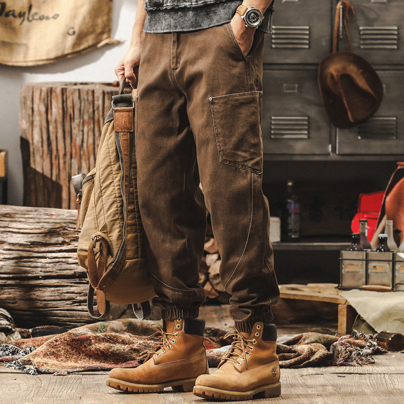 美式重磅復古工裝褲子男2025春季新款寬鬆束腳褲男士水洗休閒長褲