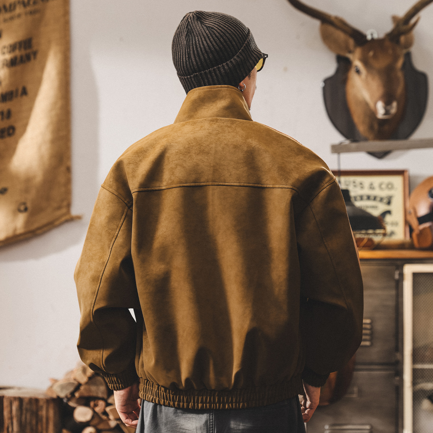 美式復古扎染立領機車皮衣外套男春秋新款痞帥潮流飛行員教練夾克