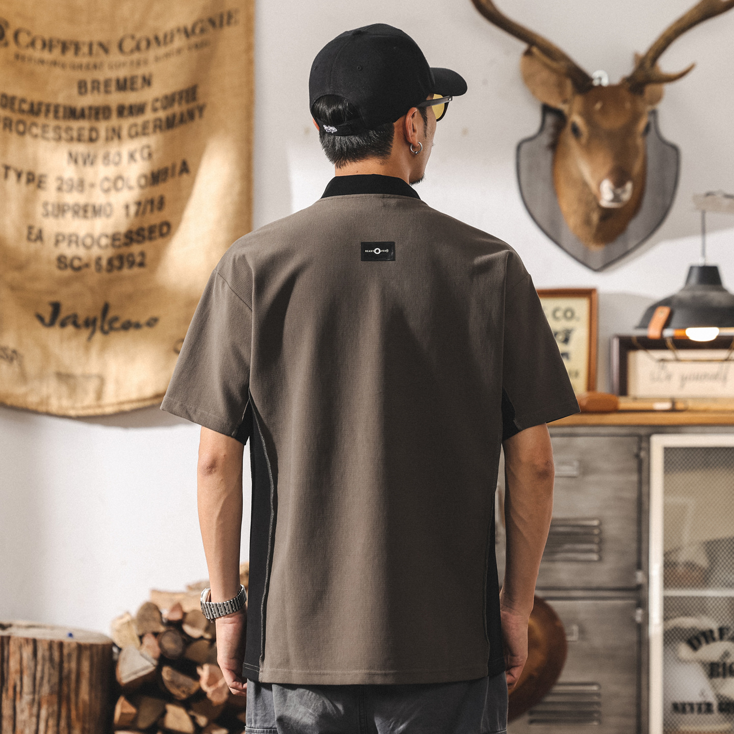 美式復古潮流撞色亨利領短袖t恤男夏季潮牌Polo衫男款寬鬆上衣潮T