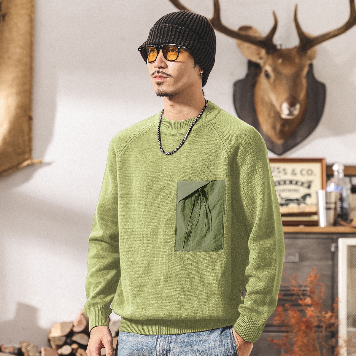 美式復古圓領毛衣男2025新款冬季保暖毛線衣男士針織衫休閒上衣男