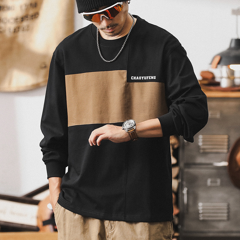 美式複古280g重磅長袖t恤男秋季潮牌寬松拼接撞色休閑上衣男