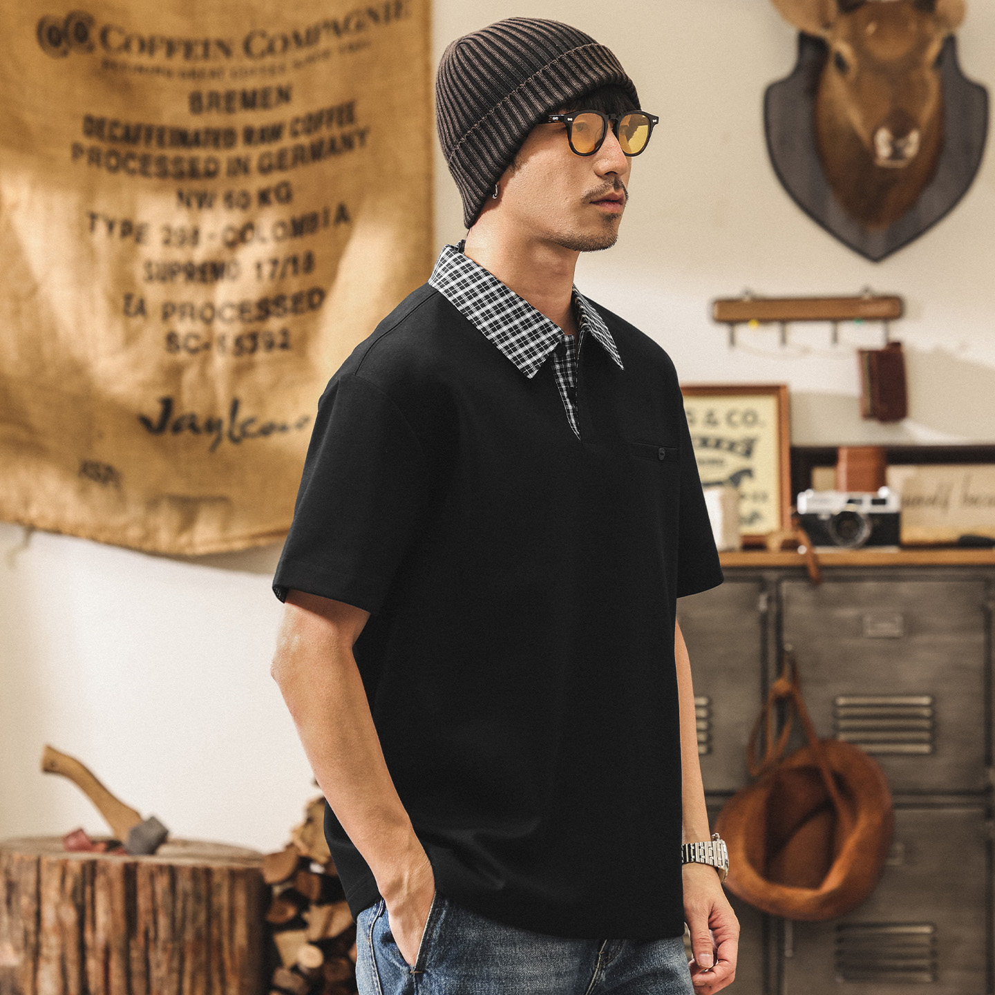 美式復古假兩件格紋Polo衫男夏季短袖男款260g重磅寬鬆潮牌T恤男