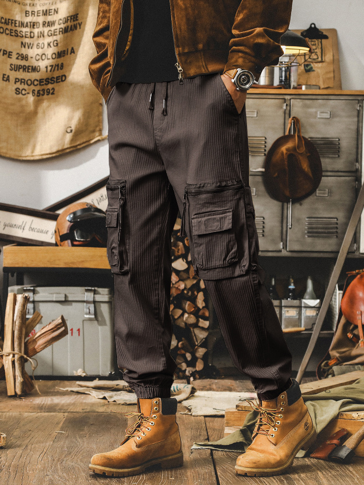美式複古卡其色工裝褲子男秋季寬松休閑長褲潮牌多口袋男士束腳褲