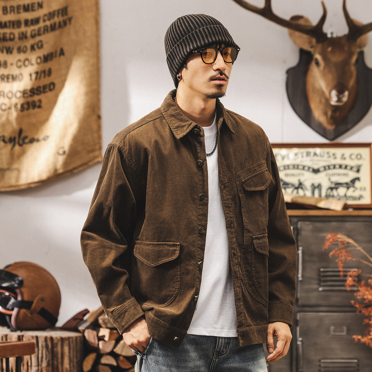 美式復古燈芯絨外套男春秋2025新款潮牌阿美咔嘰寬鬆休閒工裝夾克
