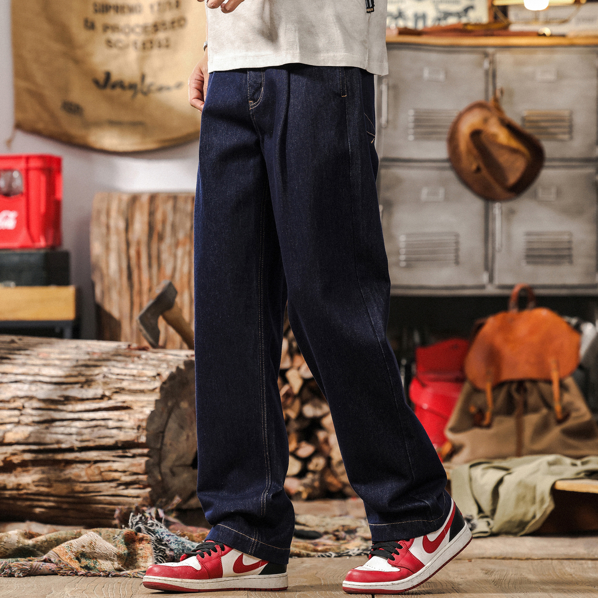 活性染不掉色原色水洗牛仔褲男春季美式復古潮牌寬鬆直筒休閒長褲