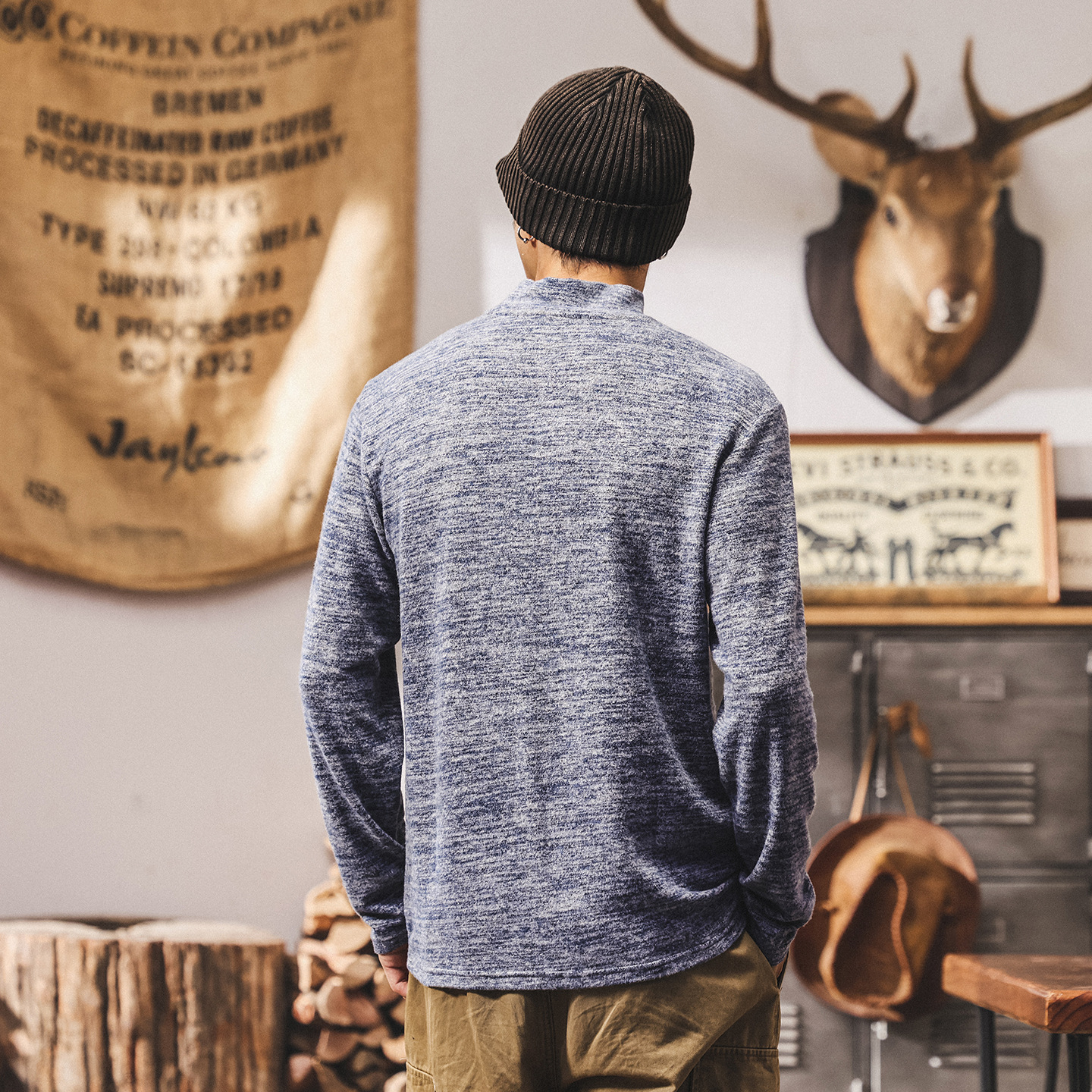 美式重磅復古半高領t恤男長袖2025新款秋季絨感親膚內搭打底衫男